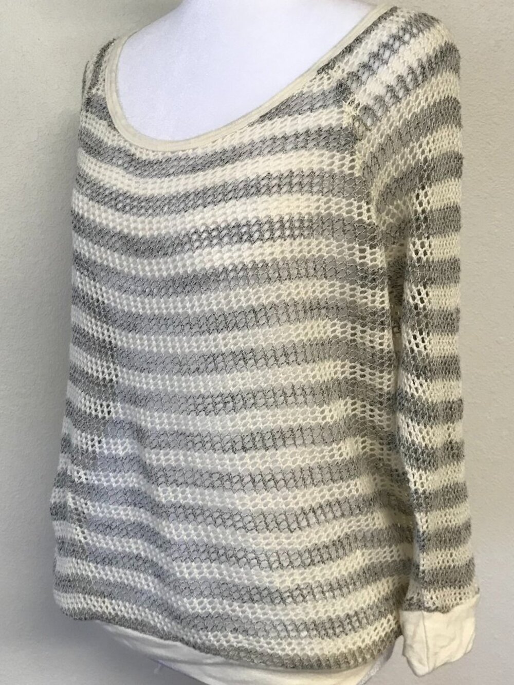 C&C California Gray Ivory Striped Layered Look Sweater Top M Lightweight Knit